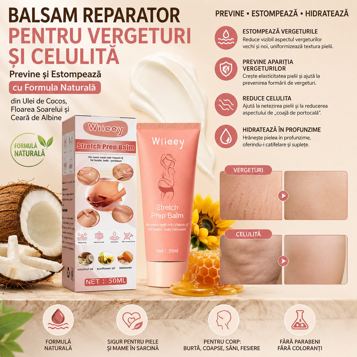 Stretch Mark and Cellulite Repair Balm Cream—Prevents and Fades with Natural Formula of Coconut Oil, Sunflower and Beeswax - GLOWUP