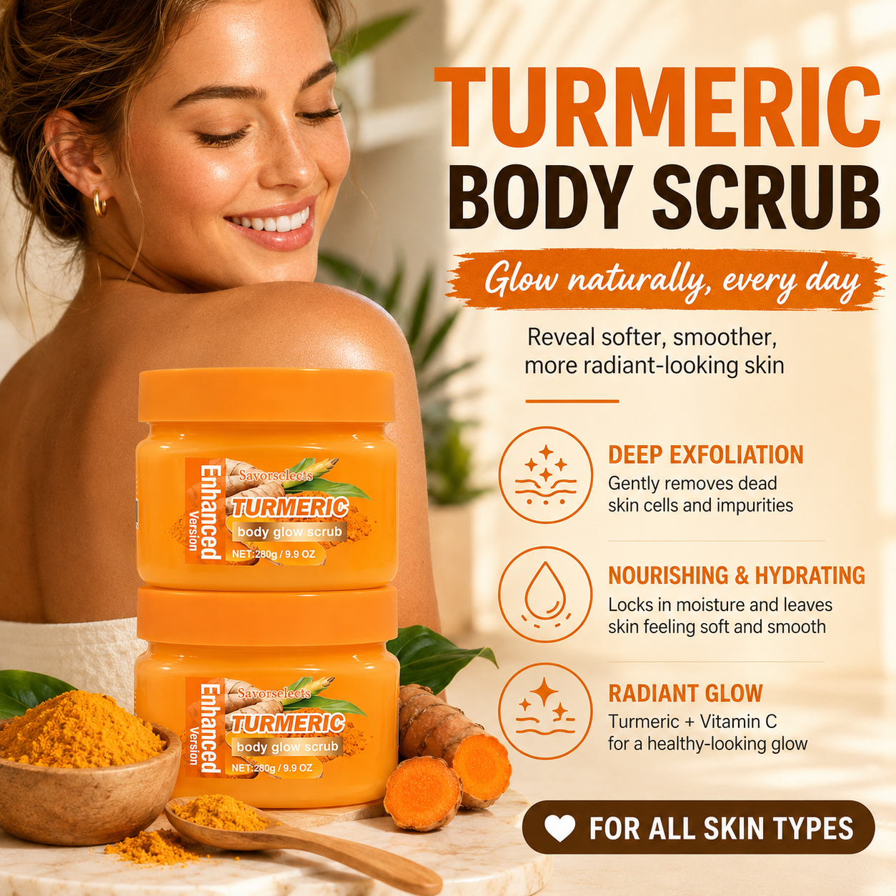 Turmeric Glow Body Scrub with Vitamin C - Brightening Exfoliator for Dull & Rough Skin - Natural Skin Polisher - GLOWUP