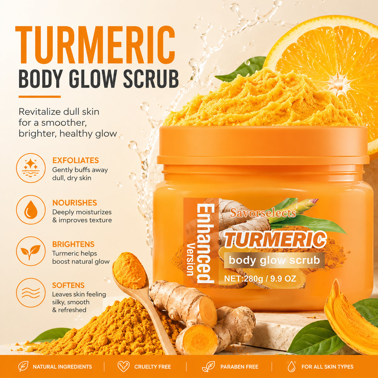 Turmeric Glow Body Scrub with Vitamin C - Brightening Exfoliator for Dull & Rough Skin - Natural Skin Polisher - GLOWUP