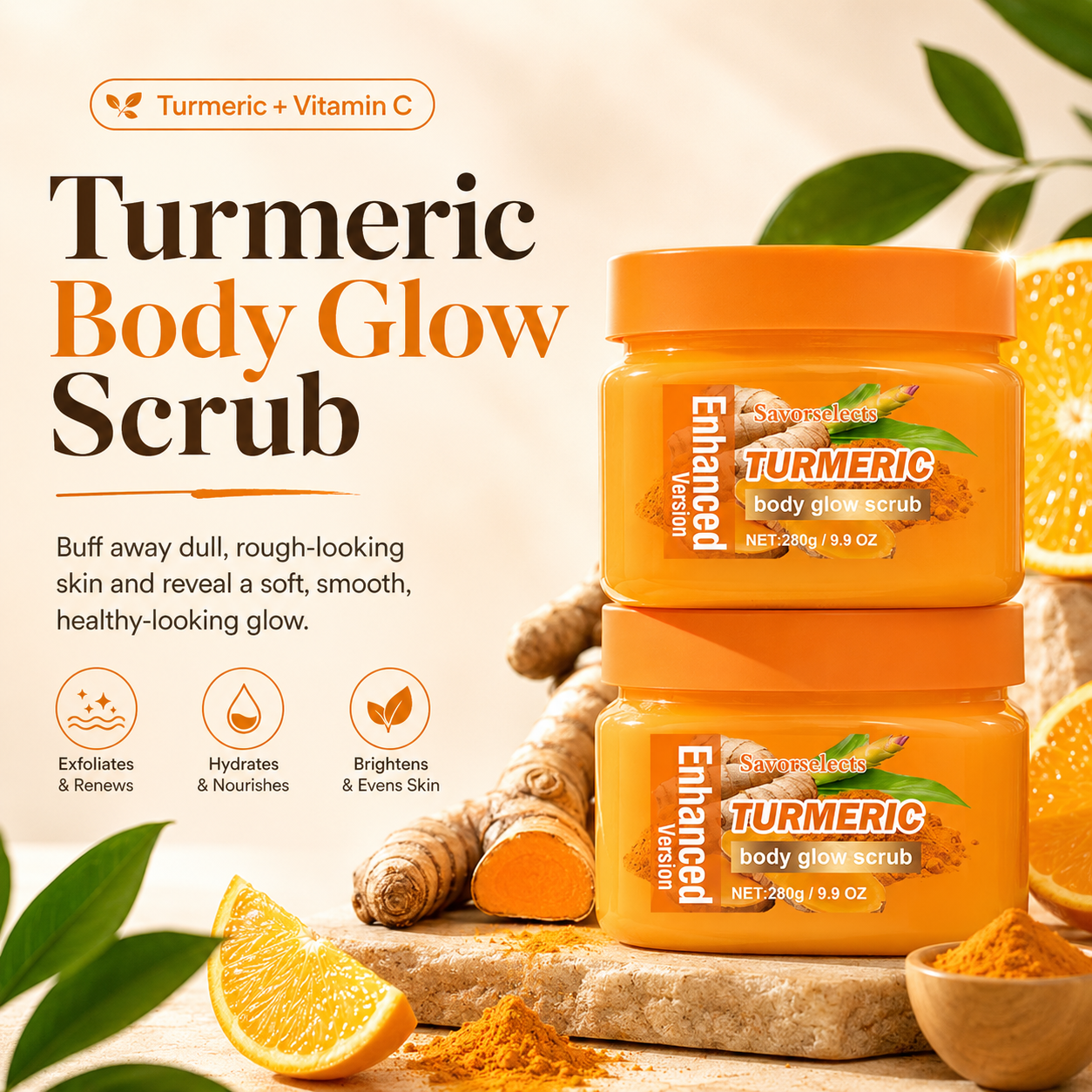 Turmeric Glow Body Scrub with Vitamin C - Brightening Exfoliator for Dull & Rough Skin - Natural Skin Polisher - GLOWUP